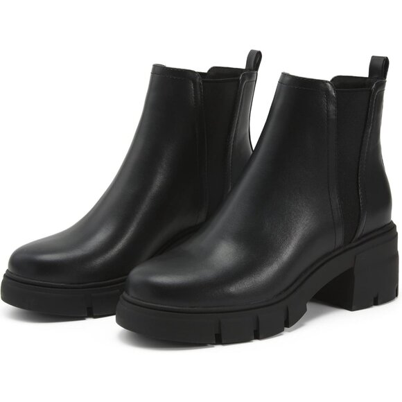 Women's Black Chelsea Boots Elastic Chunky Block Heel Platform Lug Sole Ankle - Picture 6 of 8